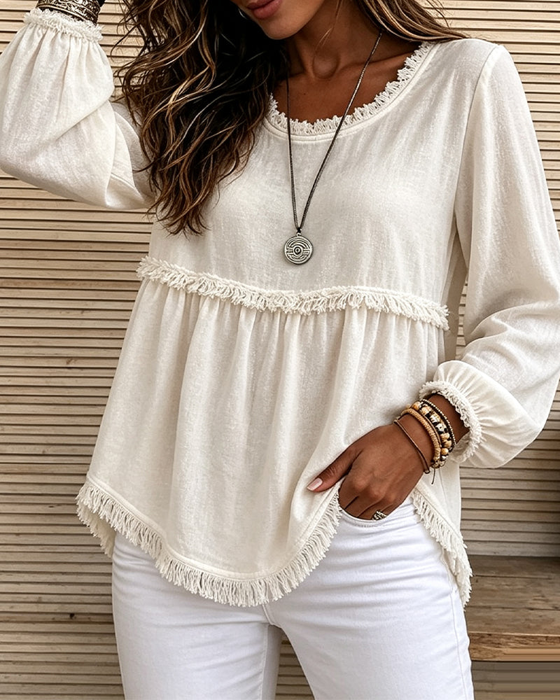 Crew Neck Fringe Lantern Sleeve T-Shirt