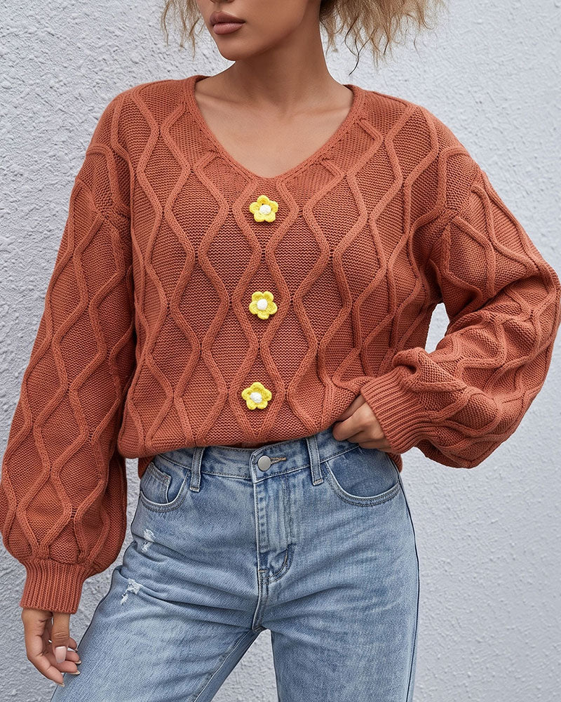 Lantern Sleeve Argyle Fashion Knit Pullover
