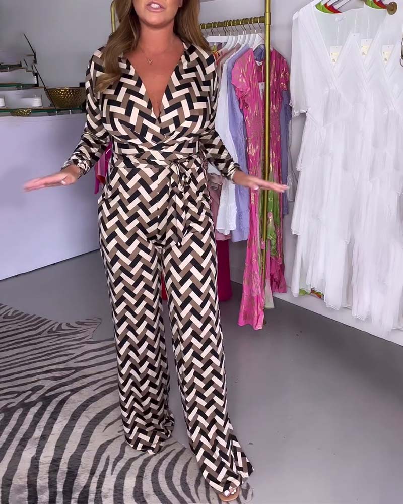 Fashionable printed deep V long-sleeve jumpsuit