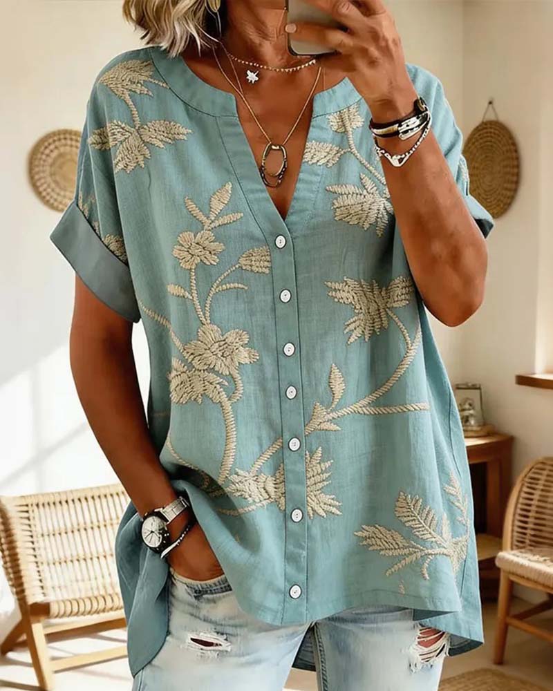 V-Neck Printed Short-Sleeved Blouse