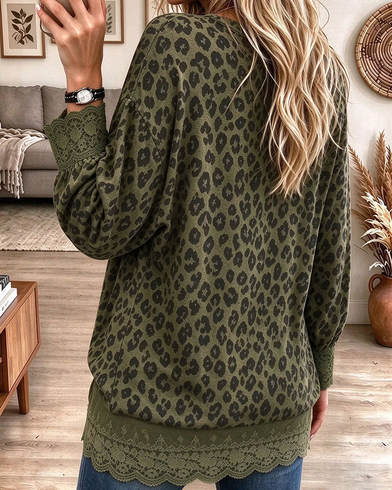 Lace Panel Leopard Print Blouse