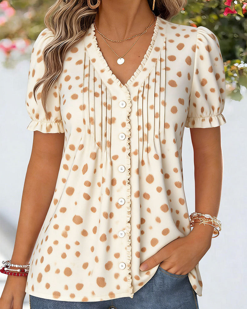Polka Dot Ruffle V-Neck Short Sleeve Blouse