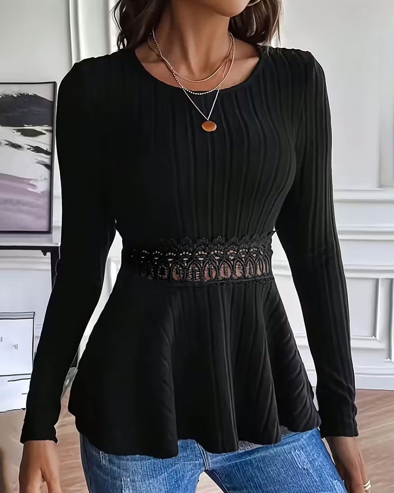 Waist-Cinching Round Neck Long-Sleeved Top