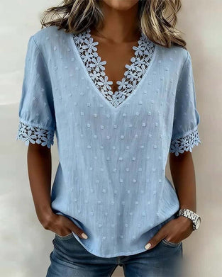 Lace V-Neck 3D Floral Solid Blouse