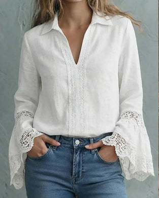 Elegant Solid Color Lace Bell Sleeve Blouse