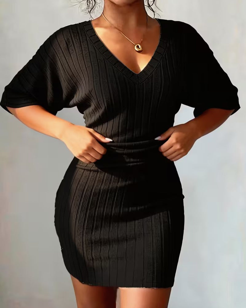 V-Neck Waist-Cinching Ribbed Fitted Dress