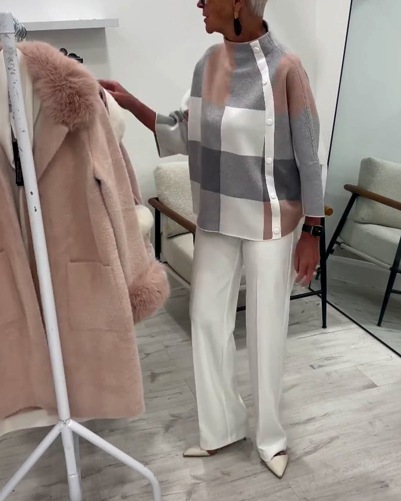 Plaid Long-Sleeved Turtleneck Pullover