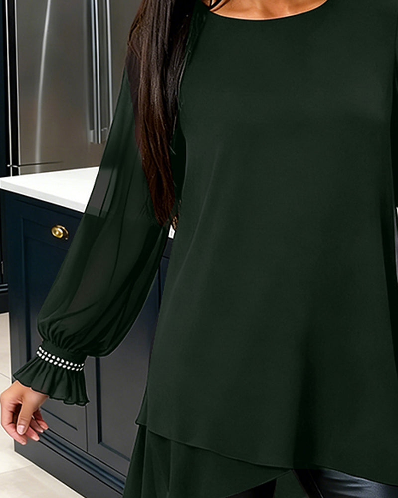 Beaded Puff Sleeve Crew Neck Blouse