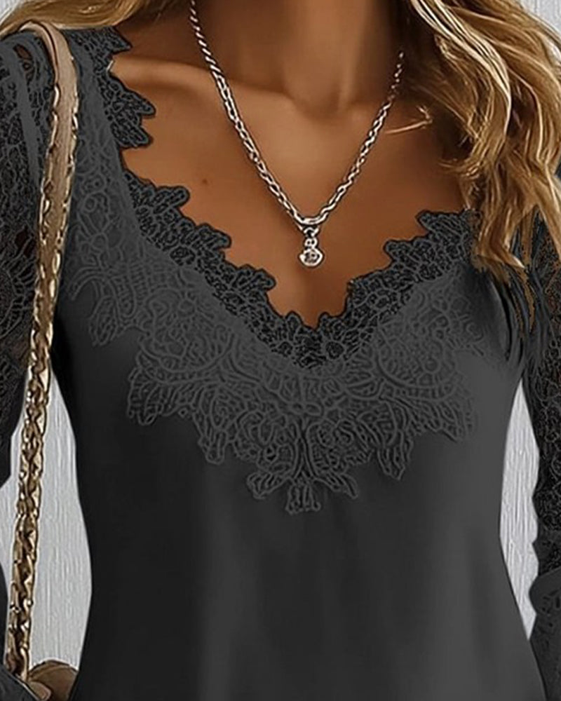 Patchwork Long-Sleeved V-Neck Top