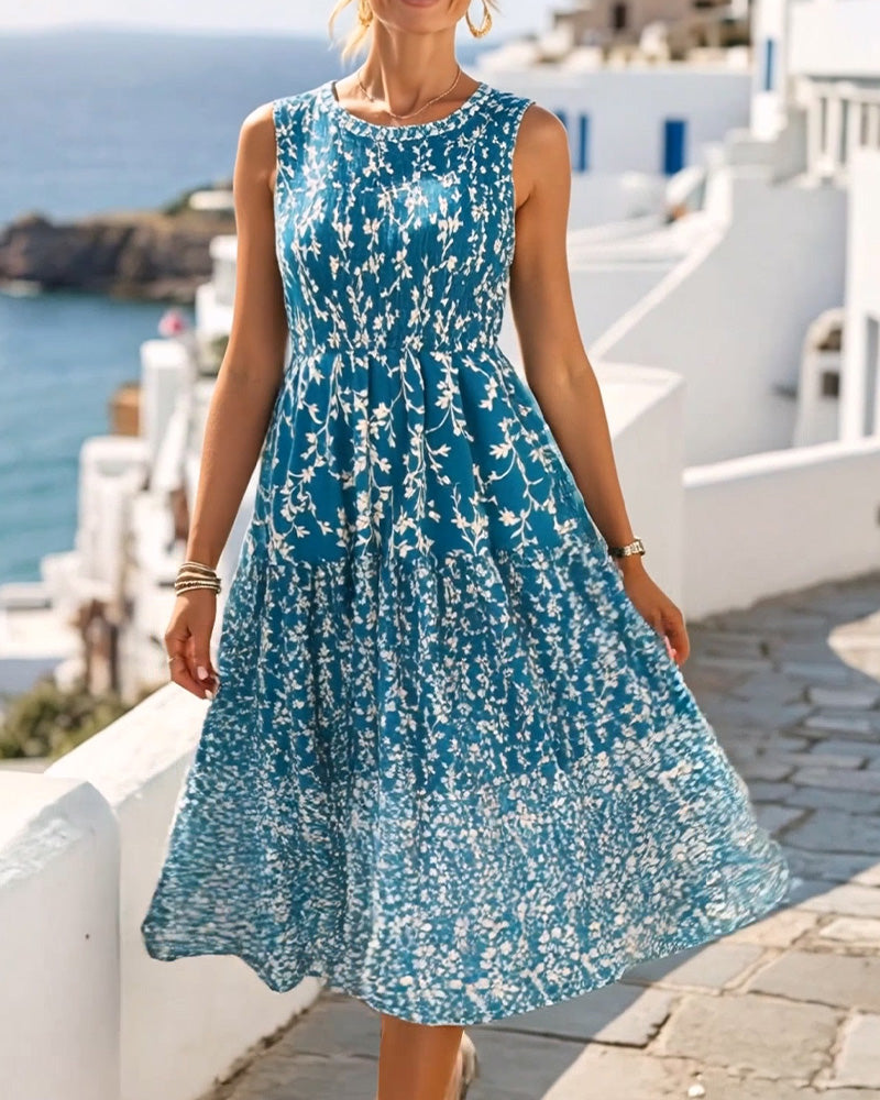 Sleeveless Floral Waist-Cinching A-Line Dress