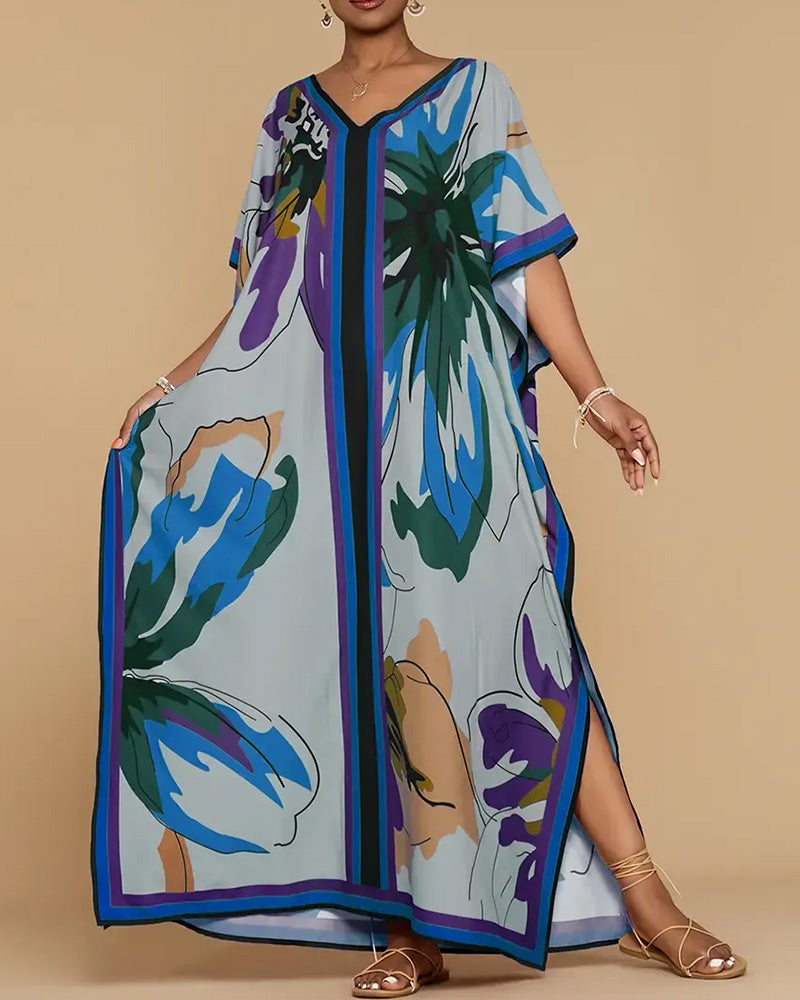 V-Neck Loose Print Resort Cover-Up Dress