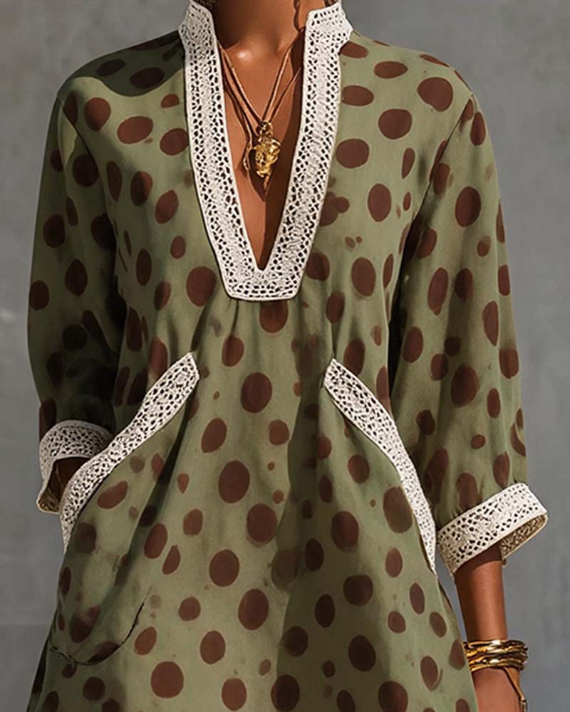 V-Neck Polka Dot Pocket Dress