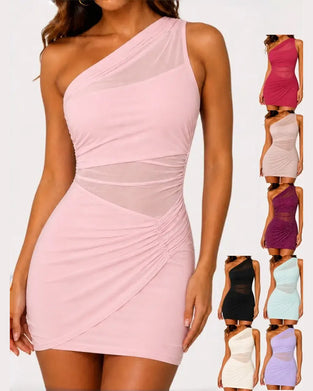 One-Shoulder Sheer Patchwork Dress