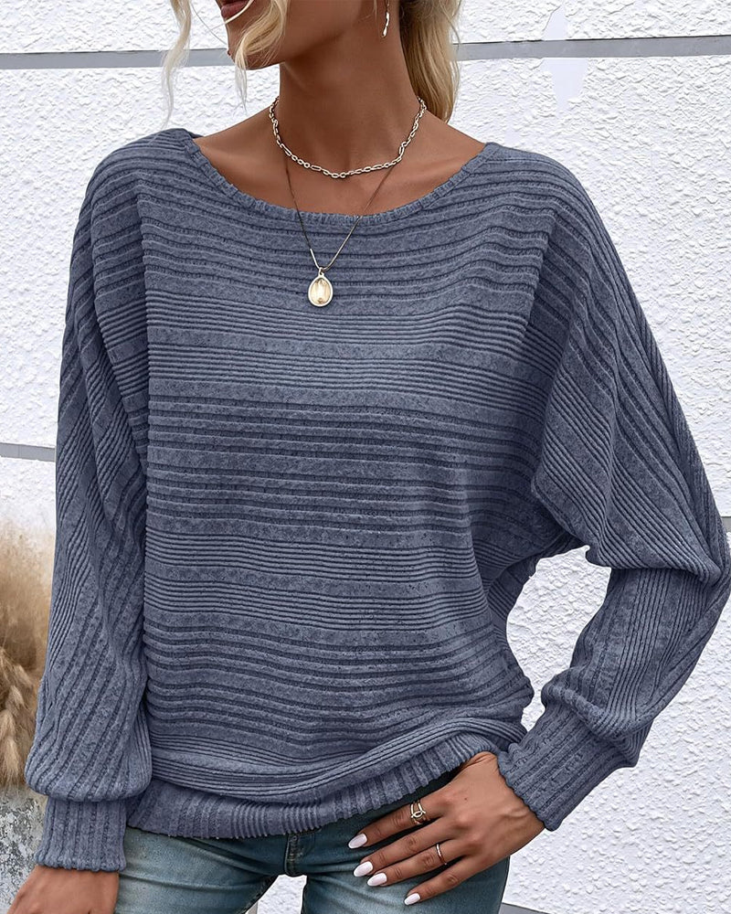 Solid Color Round Neck Long Sleeve Striped Top