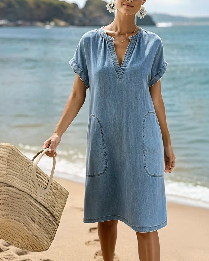 V-Neck Short-Sleeved Pockets Dress