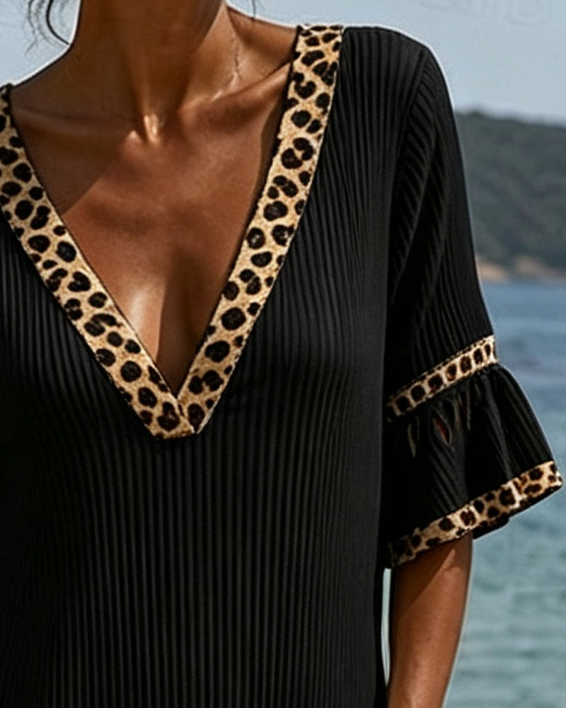 V-Neck Ruffle Leopard Patchwork Dress