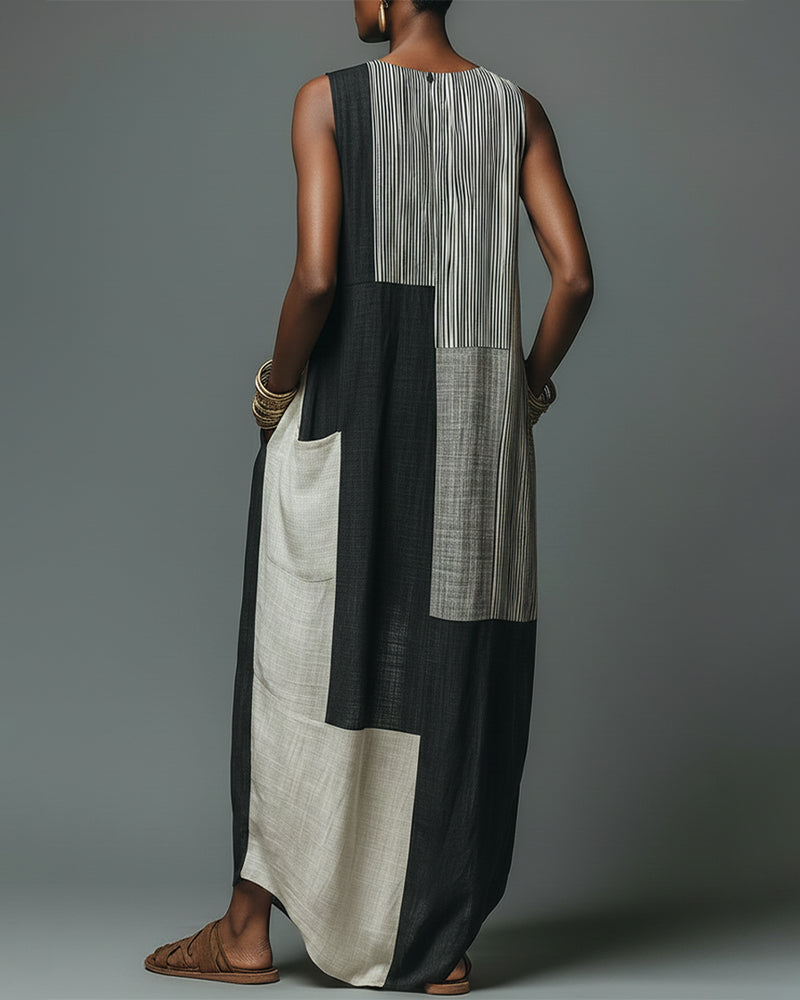 Patchwork Sleeveless Color Block Maxi Dress