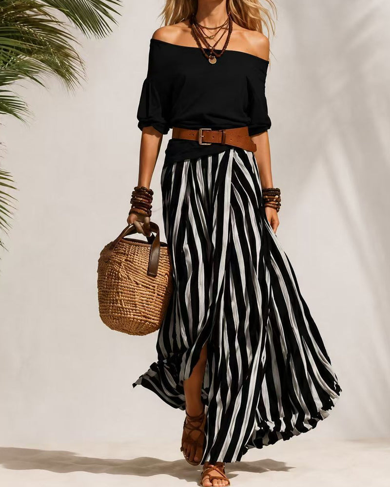 Vertical Striped Skirt Two-Piece Set