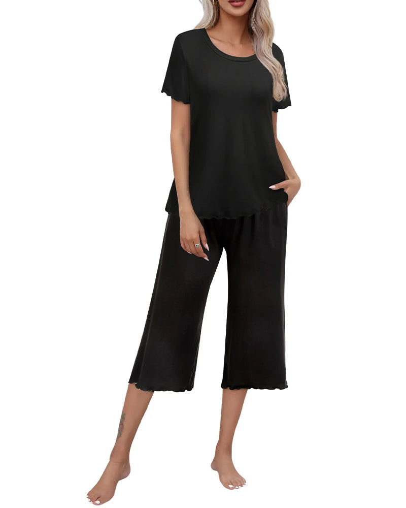 Round Neck Leopard Print Short Sleeve Seven-Point Pants Set