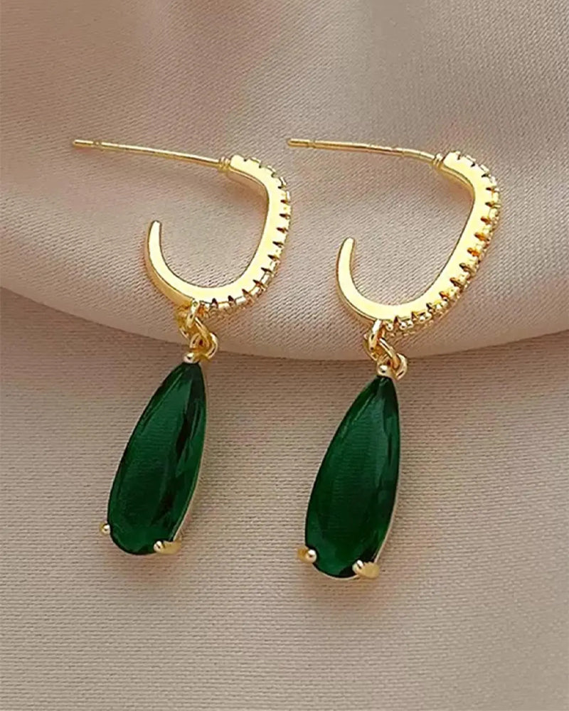 Artificial Gemstone & Rhinestone Decor Dangle Hoop Earrings