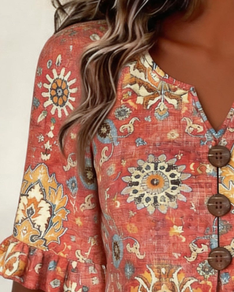 Ethnic Print Flutter Sleeve Blouse