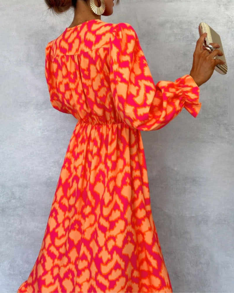 Stylish printed collar button slit puff sleeve dress