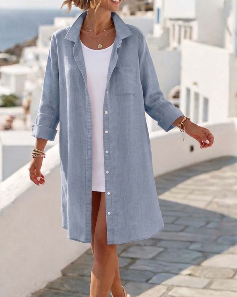 Lapel Button Long Shirt Dress