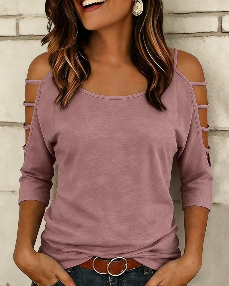 Solid Color Elbow-Length Sleeve Off-Shoulder T-Shirt