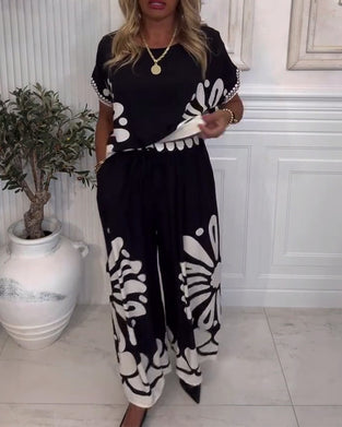 Temperament Printed Pocket Wide-Leg Pants Suit