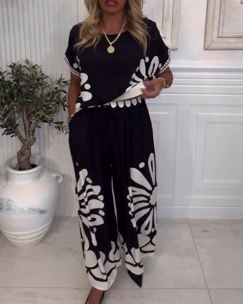 Temperament Printed Pocket Wide-Leg Pants Suit