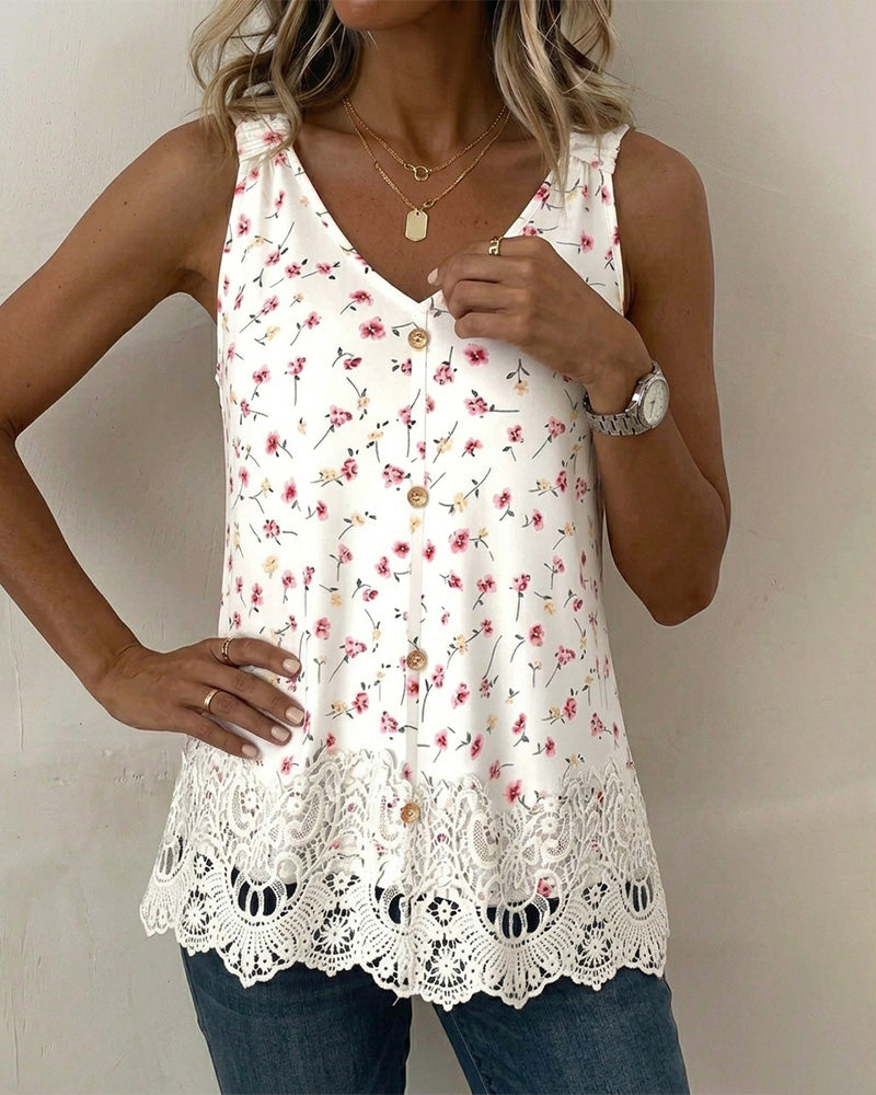 V-Neck Spaghetti Strap Floral Lace Patchwork Tank Top