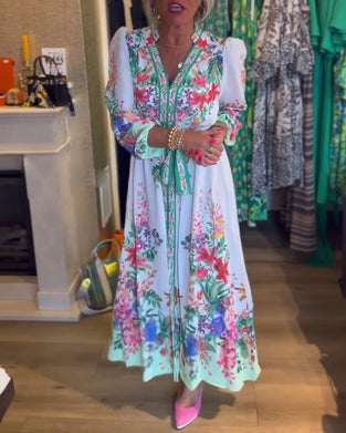 Floral print puff sleeve V-neck dress