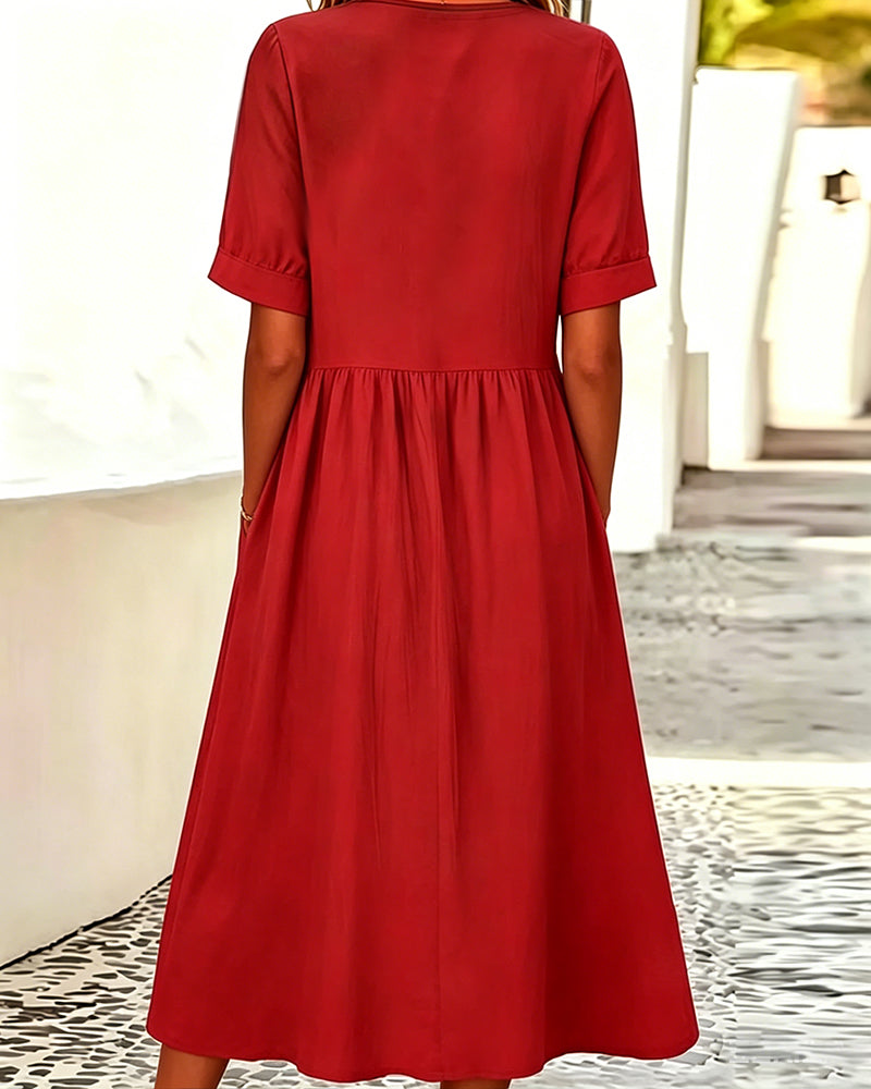 Crew Neck Short Sleeve Solid Color Dress