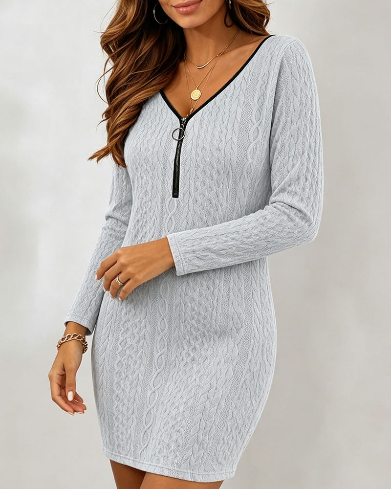 V-Neck Zip Casual Long Sleeve Dress