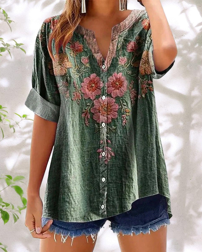 Fashion Printed V-Neck Blouse