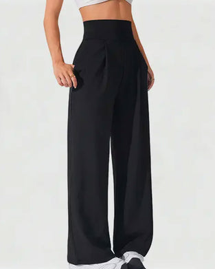 High Waist Pocket Solid Color Wide Leg Pants
