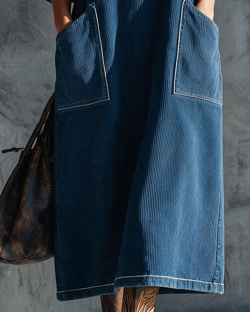 Corduroy Button Front Elbow-Length Puff Sleeve Loose Dress