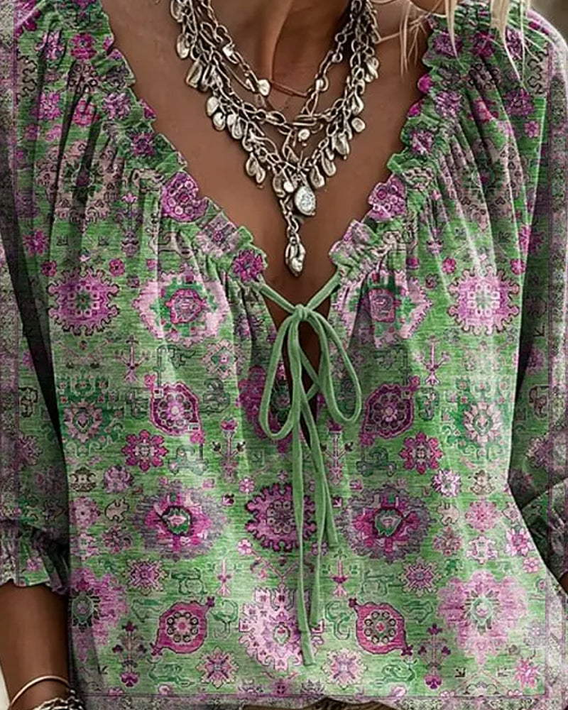 V-Neck Tie Vintage Print Blouse