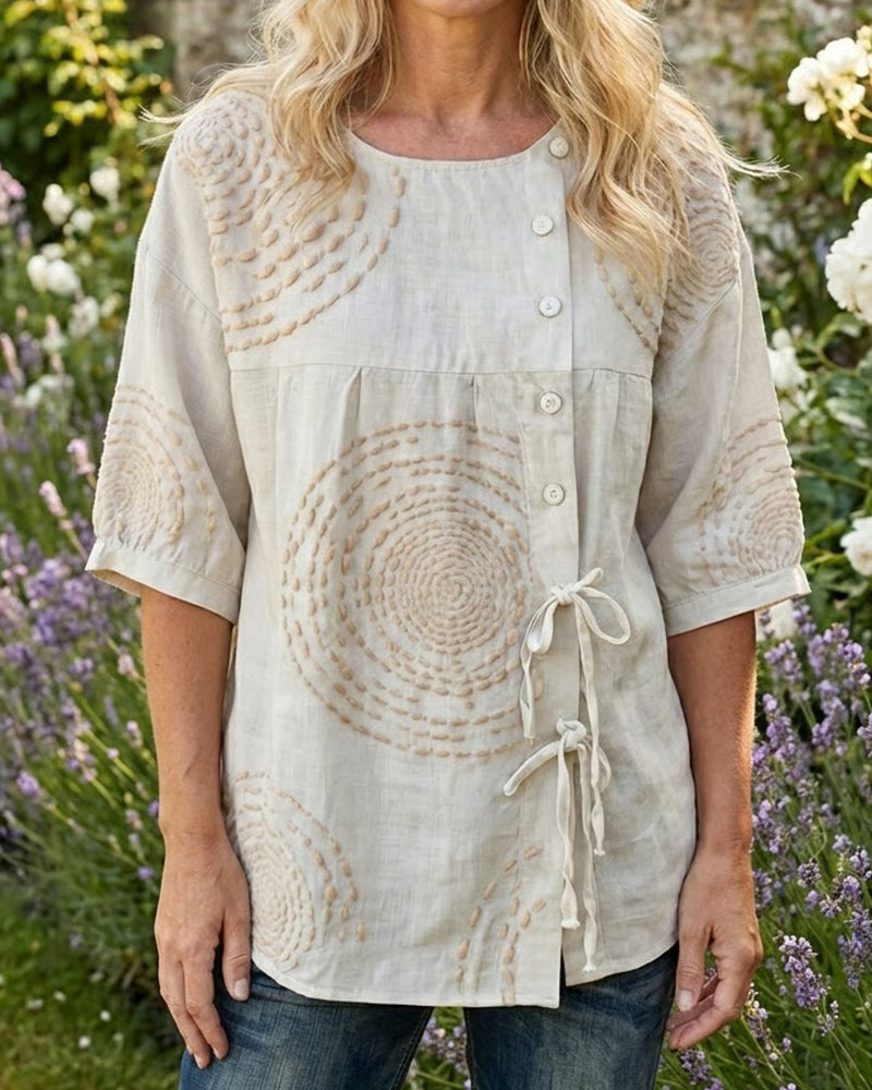 Round-Neck Loose Side-Tie Printed Blouse
