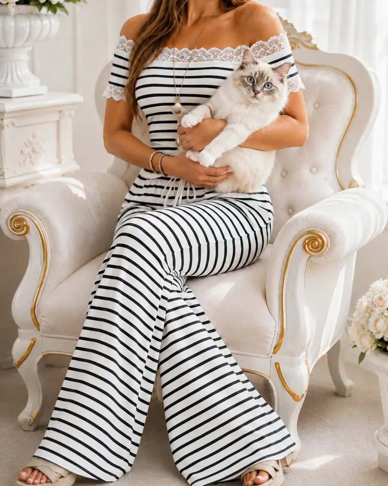 Off-Shoulder Lace Trim Stripe Wide Leg Pants Set
