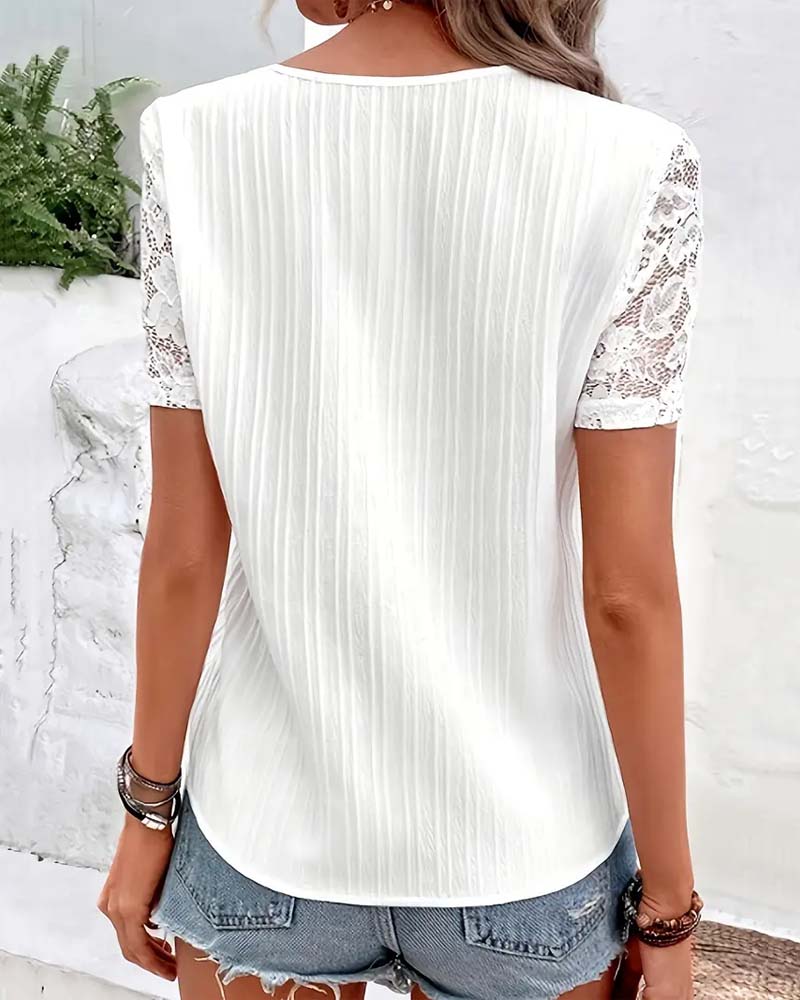 V-Neck Solid Color Lace Stitching Blouse