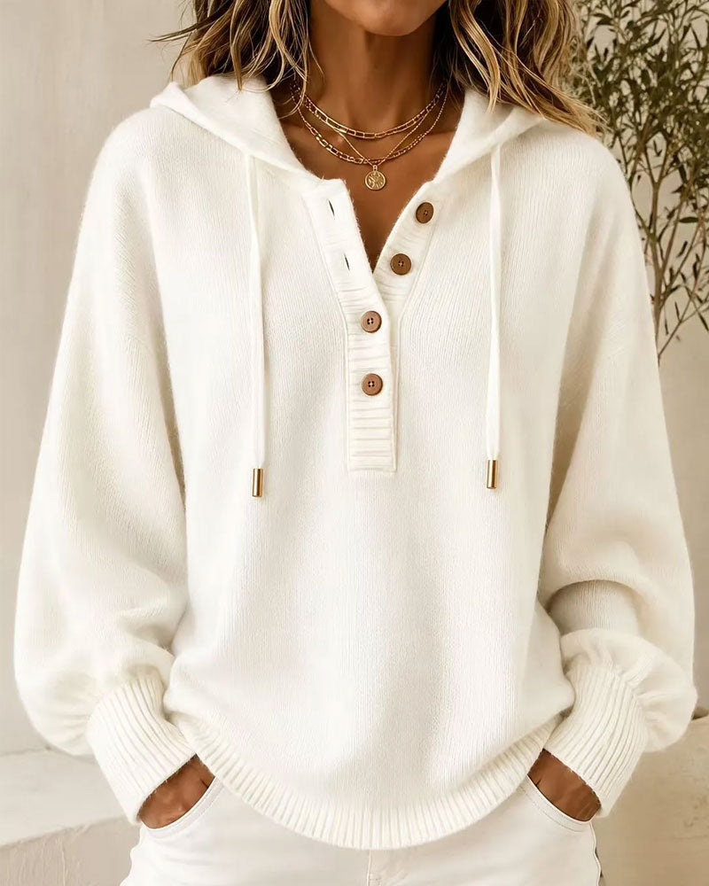 Hooded Button Lantern Sleeve Drawstring Sweater Pullover