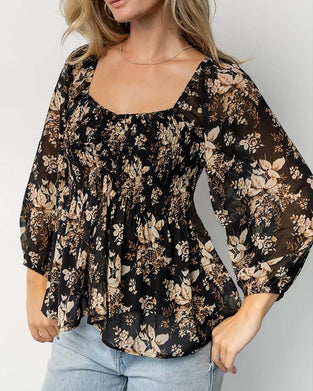 Floral Square Neck Waist-Fitted Blouse
