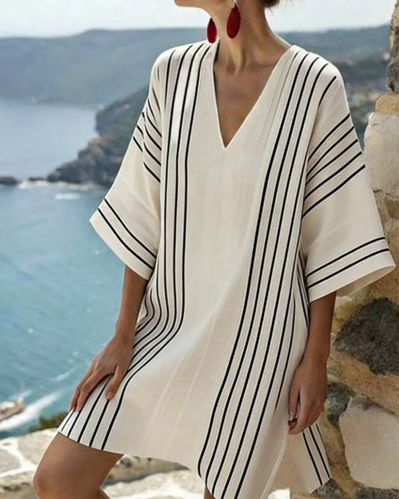 Off White Black Stripe V Neck Dress