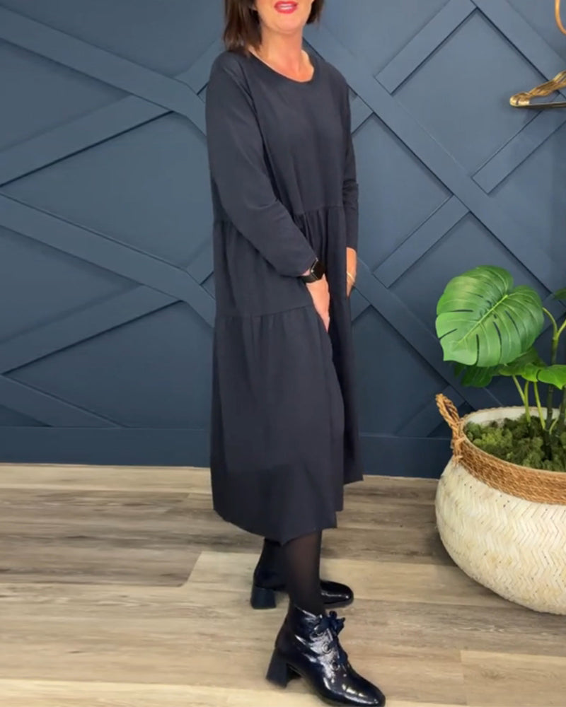 Casual solid color round neck patchwork dress