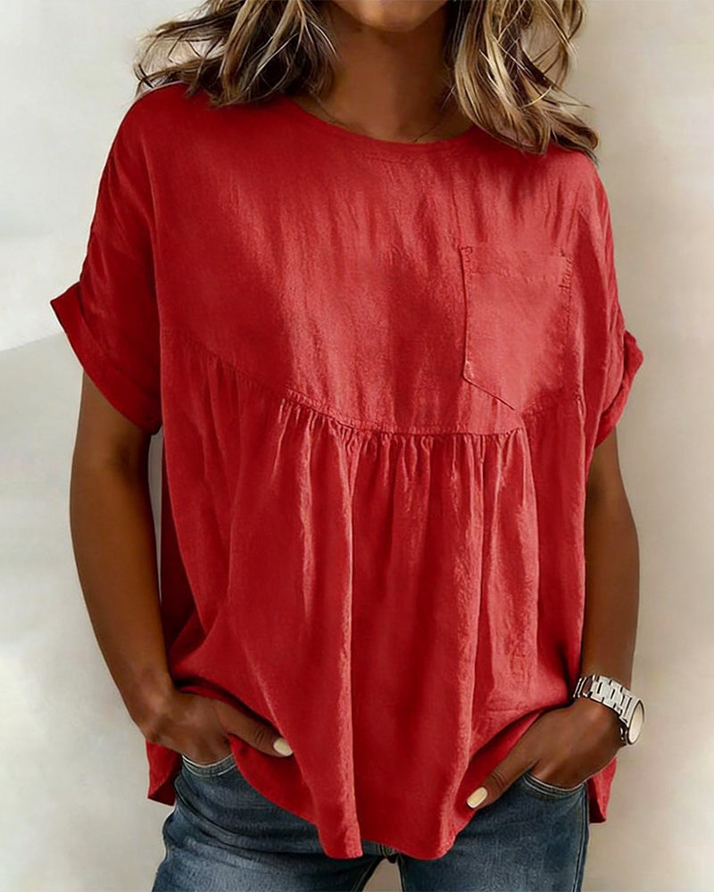 Drop Shoulder Solid Round Neck Short Sleeve Blouse