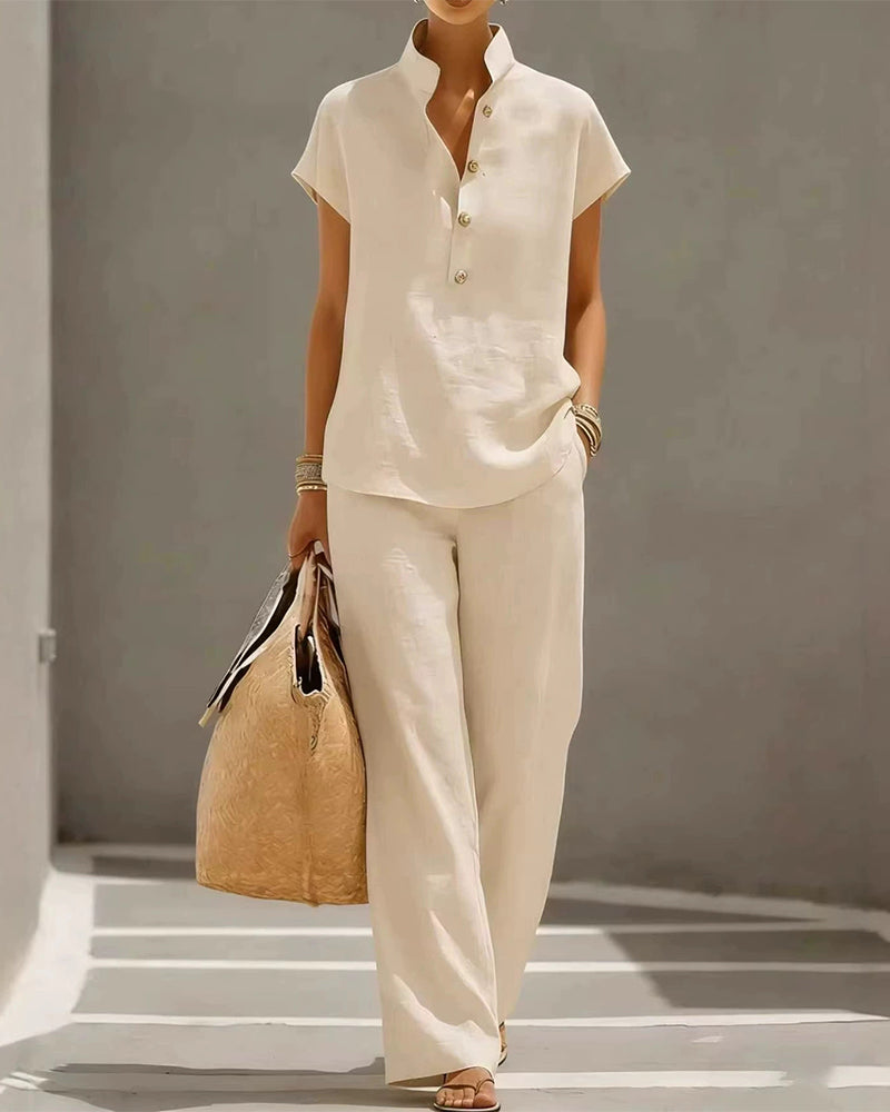 Stand-Collar Button Short-Sleeve And Long Pants Set