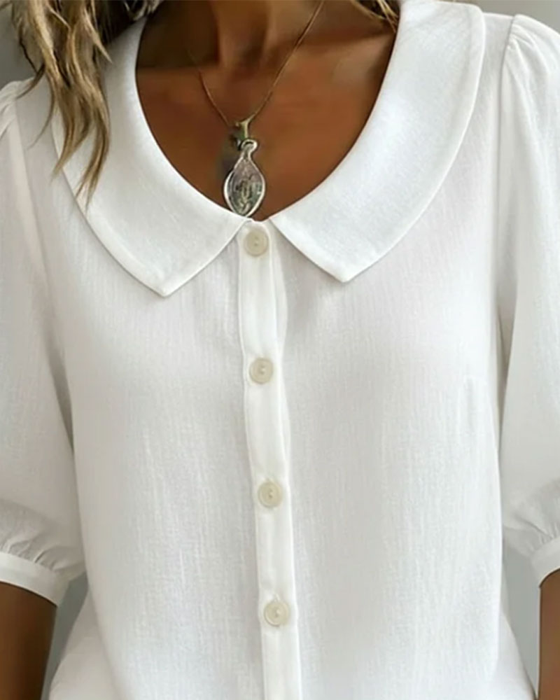 Cotton Mid-Sleeve Peter Pan Collar Shirt