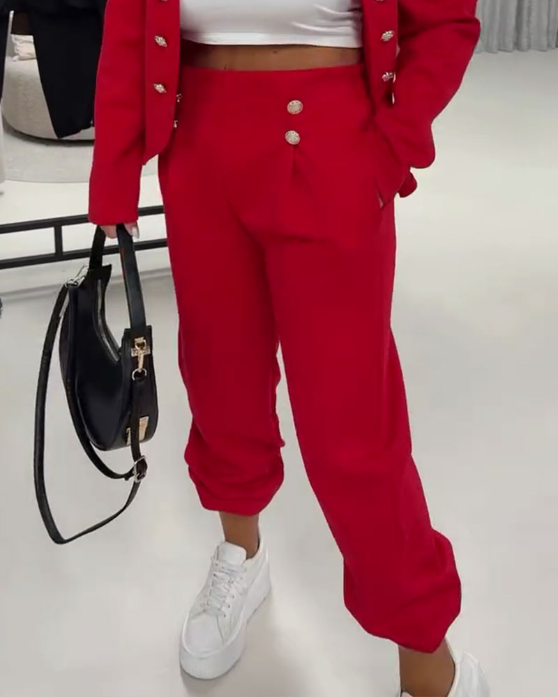 Solid Color High Waist Casual Button Pants