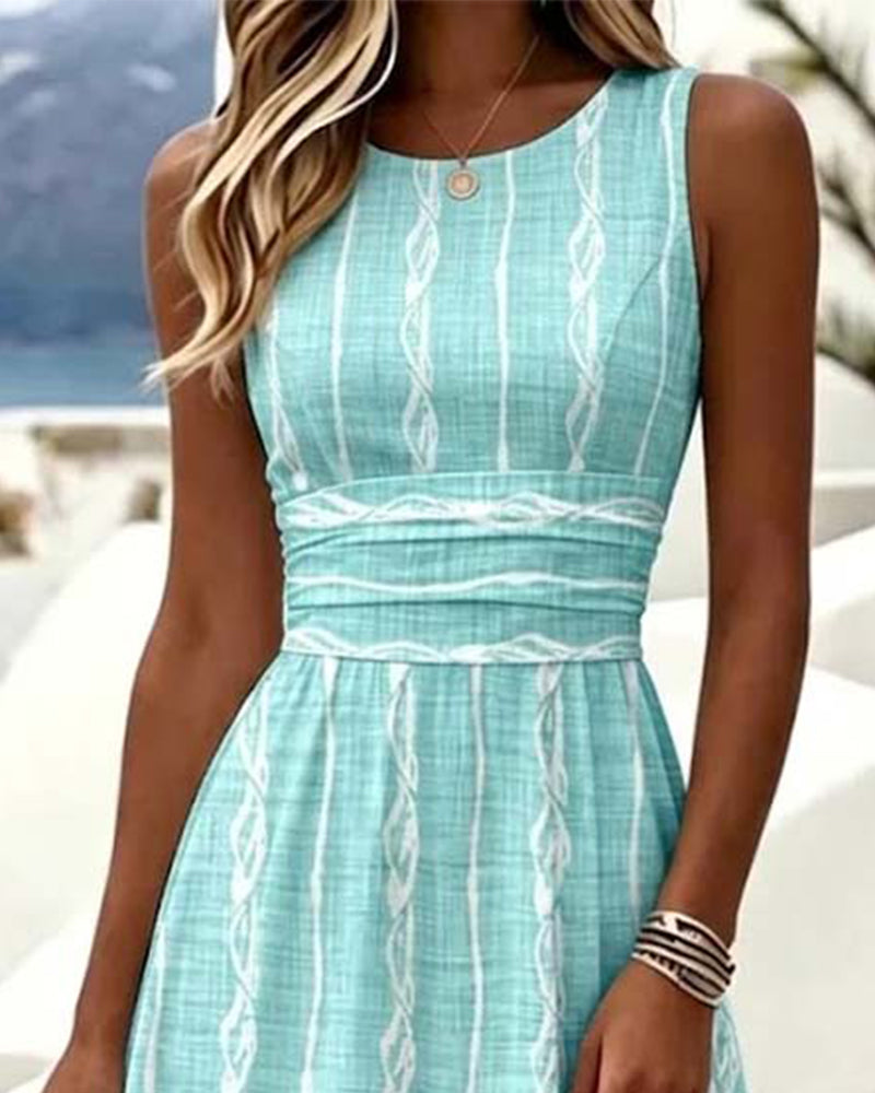Crew Neck Sleeveless Striped Fitted Waist Dress